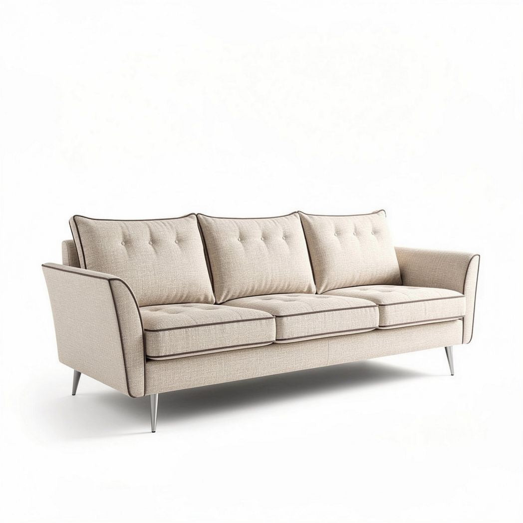 Beige linen upholstery three-seat sofa with modern design and metal legs