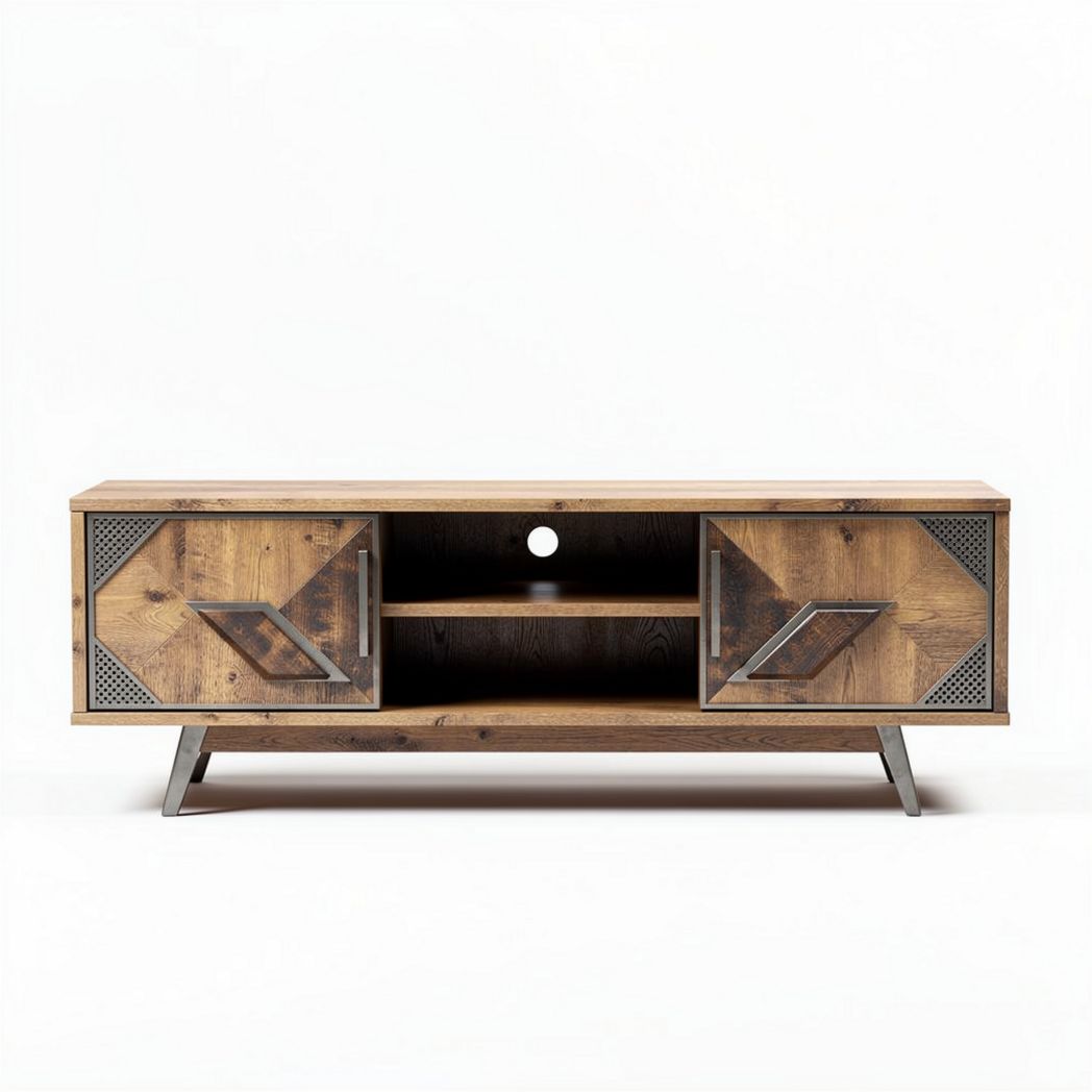 Wooden media console with metal accents and storage space 150 x 40 x 50cm