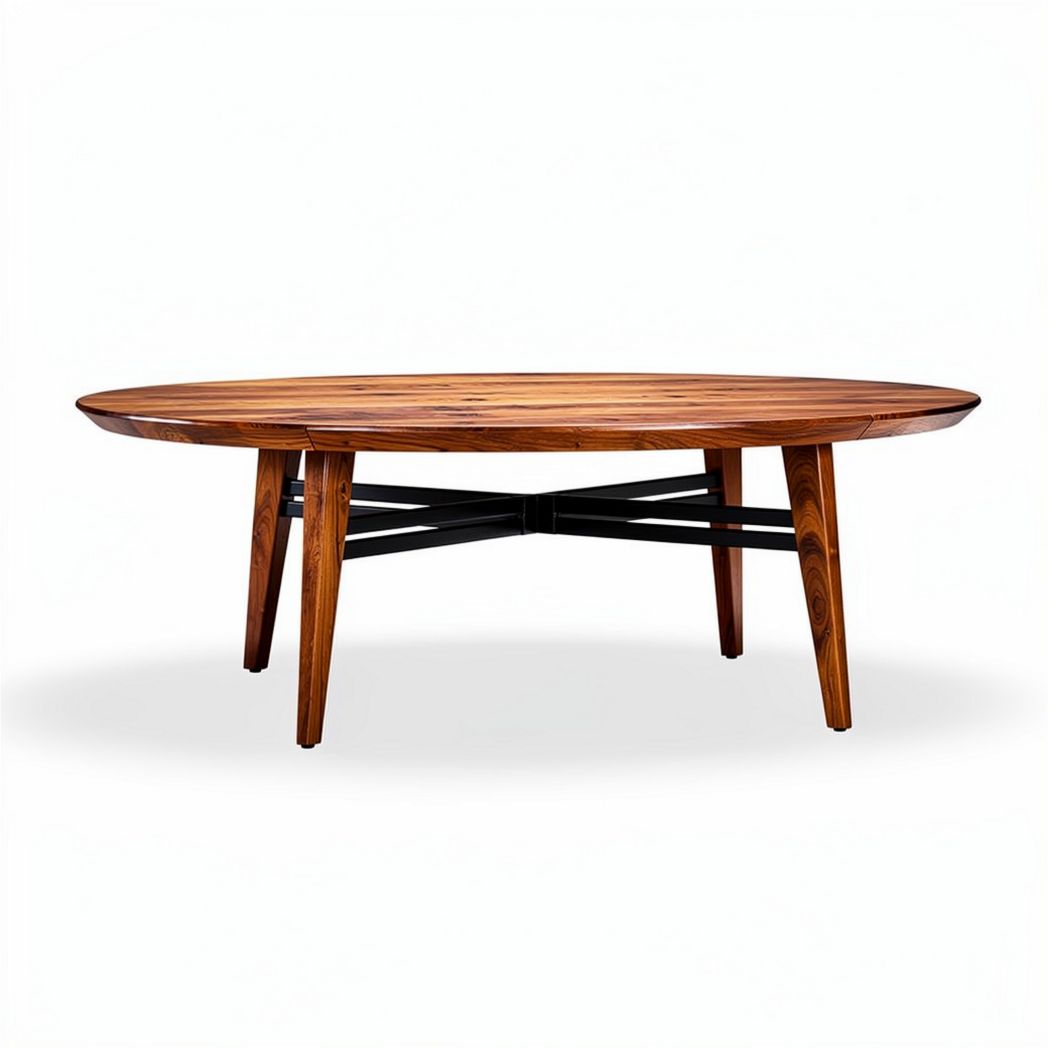 Round wooden coffee table with black metal legs 120 x 80 x 75cm