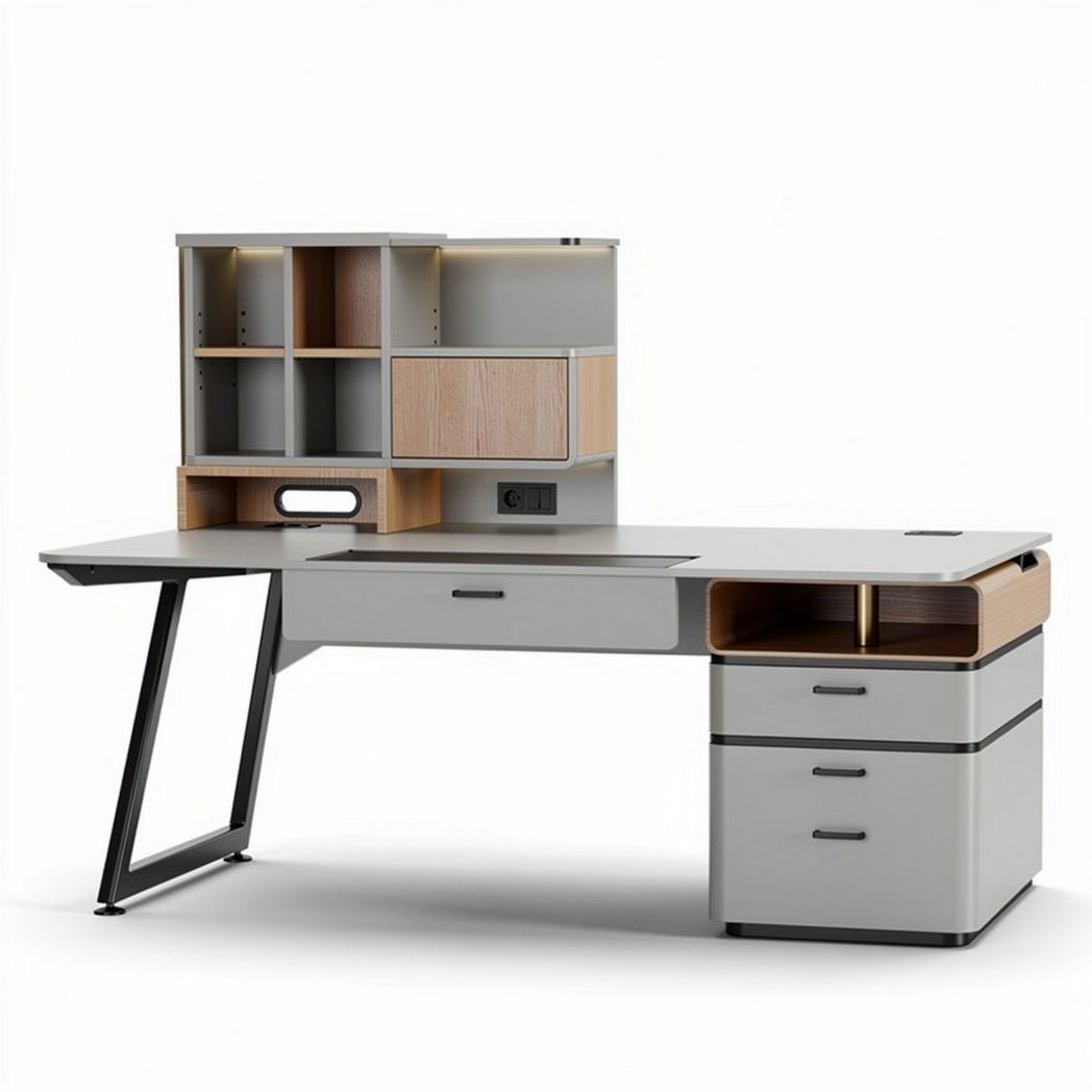 Modern home office desk with storage hutch in gray and oak finish 170 x 75 x 110cm
