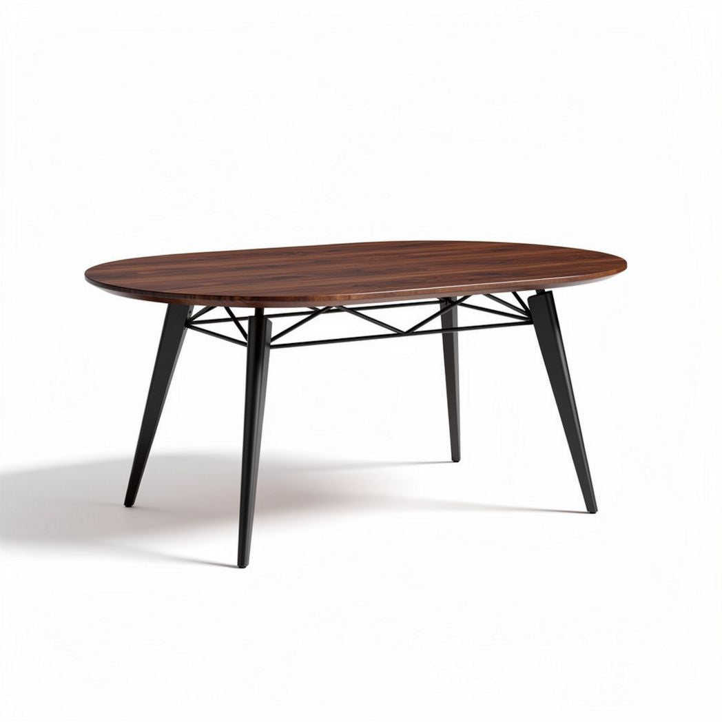 Oval shaped wooden dining table with black metal legs 150 x 80 x 75cm