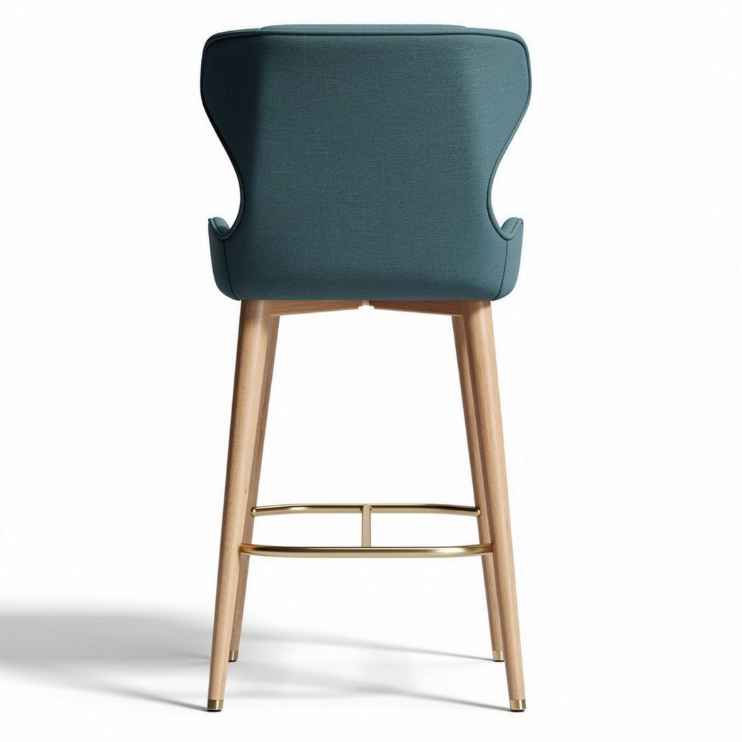 Contemporary upholstered bar stool with wooden legs and metal footrest 40 x 45 x 100cm