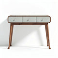 Wooden console table with three drawers and glass top in natural finish