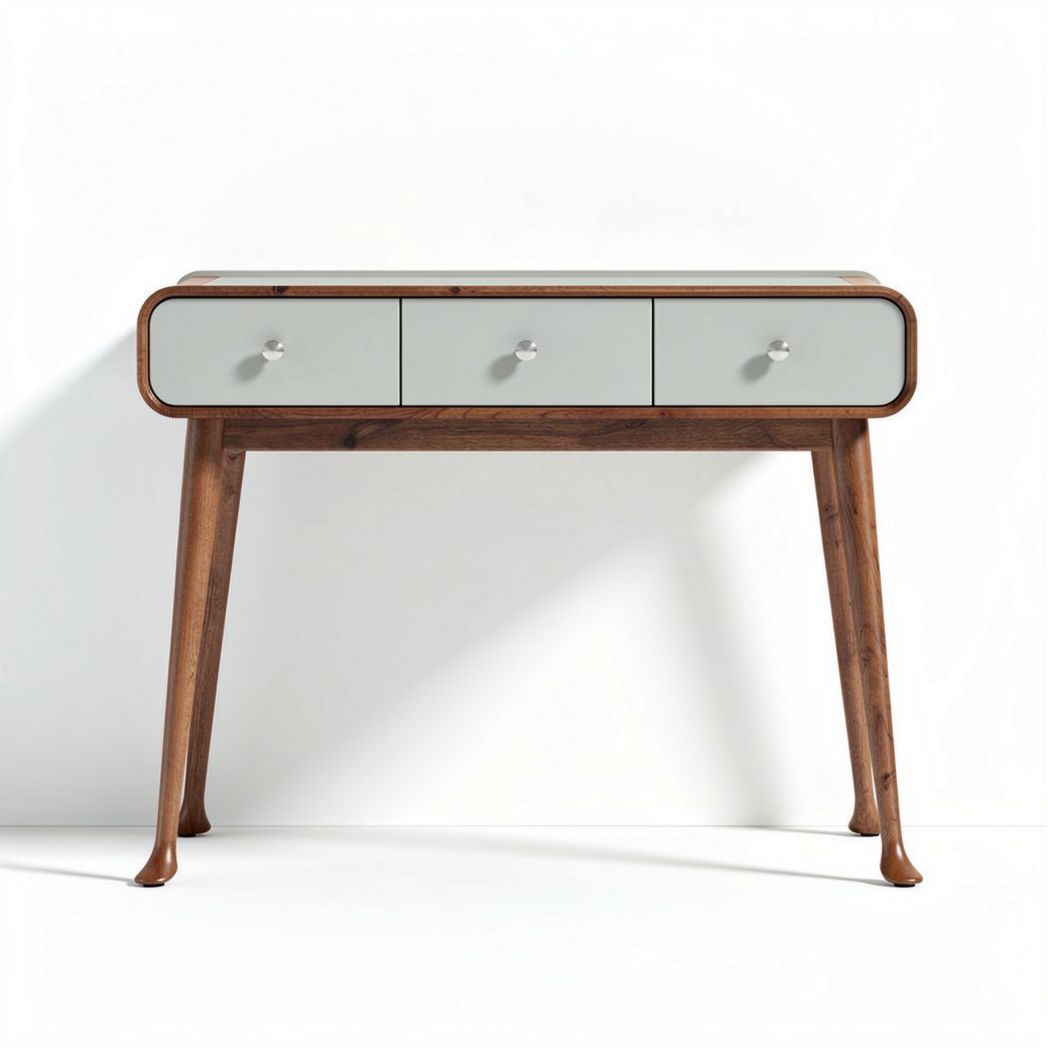 Wooden console table with three drawers and glass top in natural finish