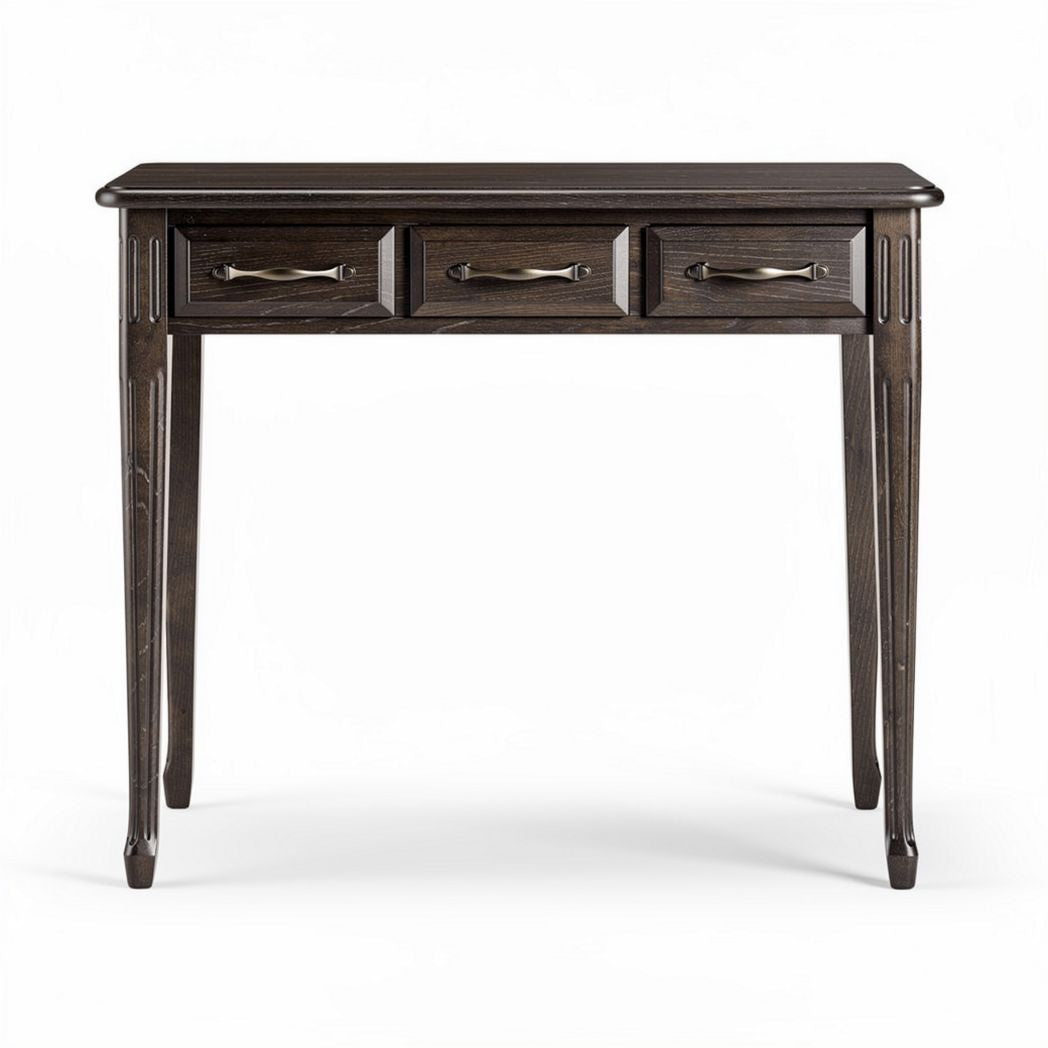 Dark wood console table with three drawers for entryway and living room purposes 100 x 40 x 76cm