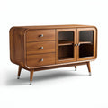 Wooden media console with glass doors and three drawers 100 x 40 x 75cm