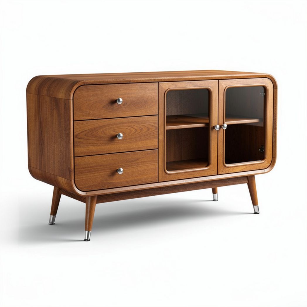 Wooden media console with glass doors and three drawers 100 x 40 x 75cm